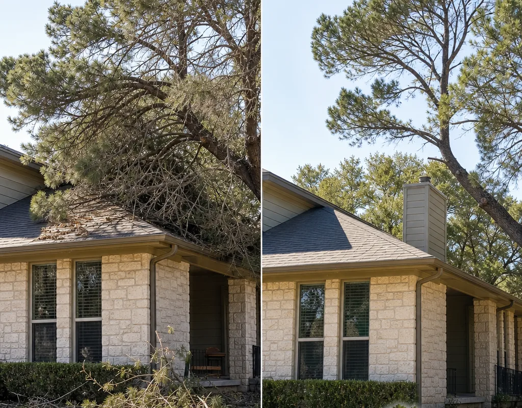 Before-and-after view showing improved roof clearance and a balanced natural canopy