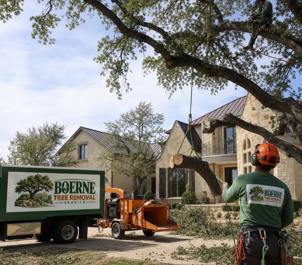 Arborist trimming a mature live oak over a Boerne driveway using rope rigging to lower limbs safely