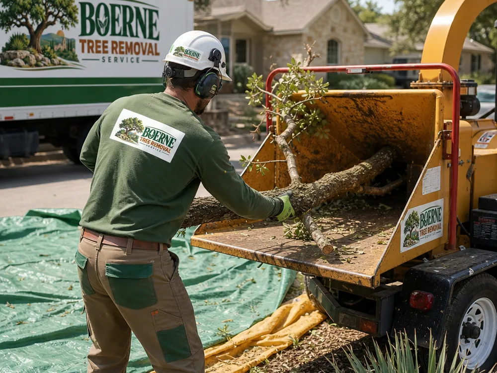 Tree brush being fed into a wood chipper with tarps protecting nearby landscaping and a clean staging area