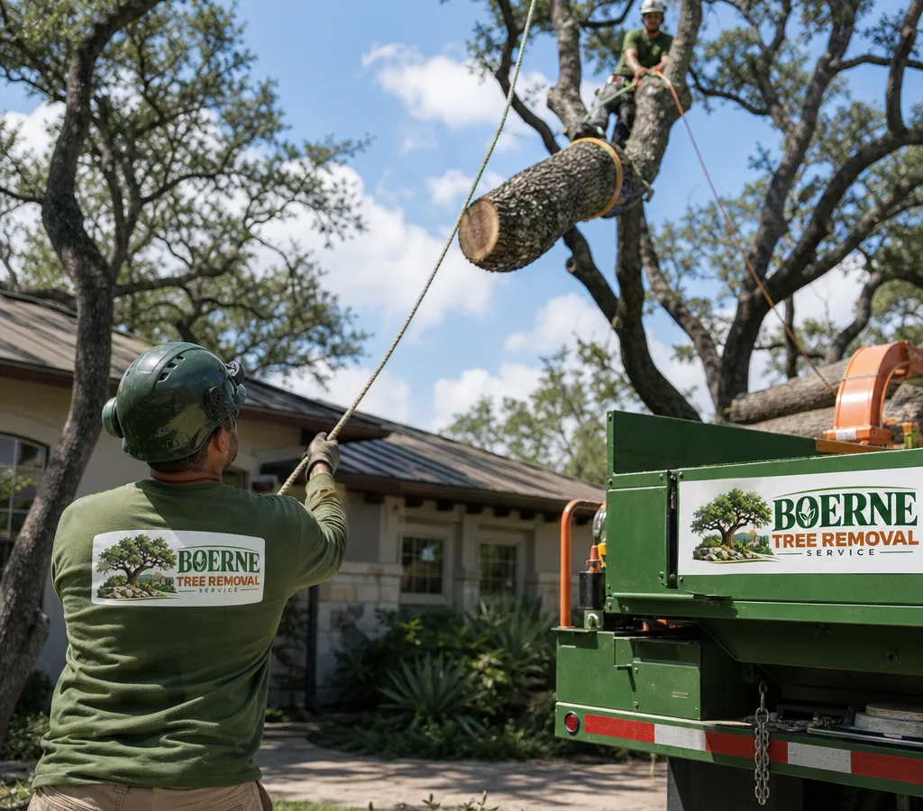 Crew performing a controlled tree removal in a Boerne residential yard with ropes and a chipper staged on the driveway