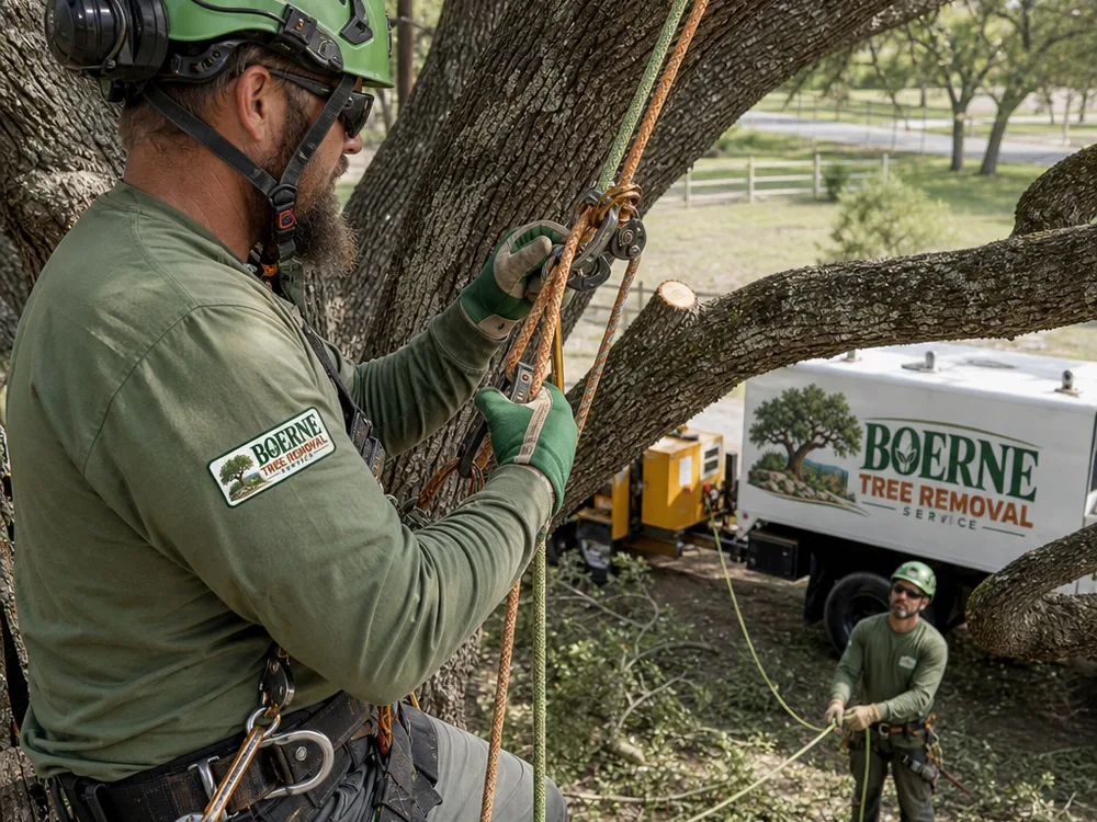 Climber setting rigging lines in an oak while a ground worker manages ropes near the drop zone