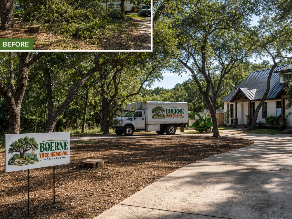 Cleared yard with the stump at the agreed height, brush removed, and driveway swept clean