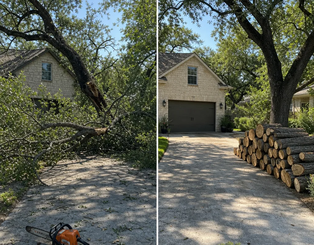 Before-and-after view of a large limb across a Boerne driveway and the same driveway cleared with wood staged neatly at the curb