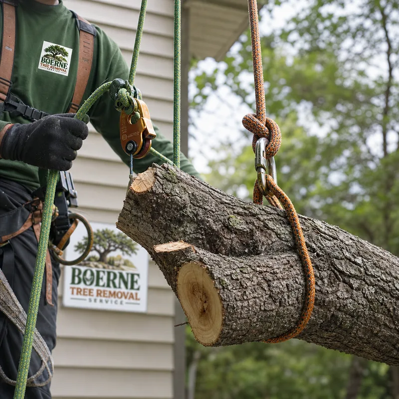 Close-up of a climber's rigging setup with rope, friction device, and a large broken limb being lowered near a home exterior