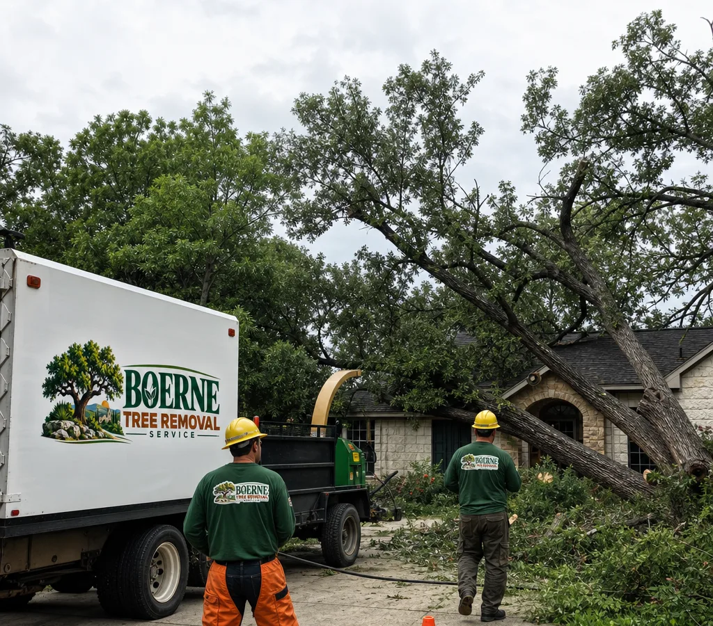 Crew staging an emergency removal in a Boerne residential driveway with a storm-damaged tree leaning toward a roof, with trucks and safety cones visible