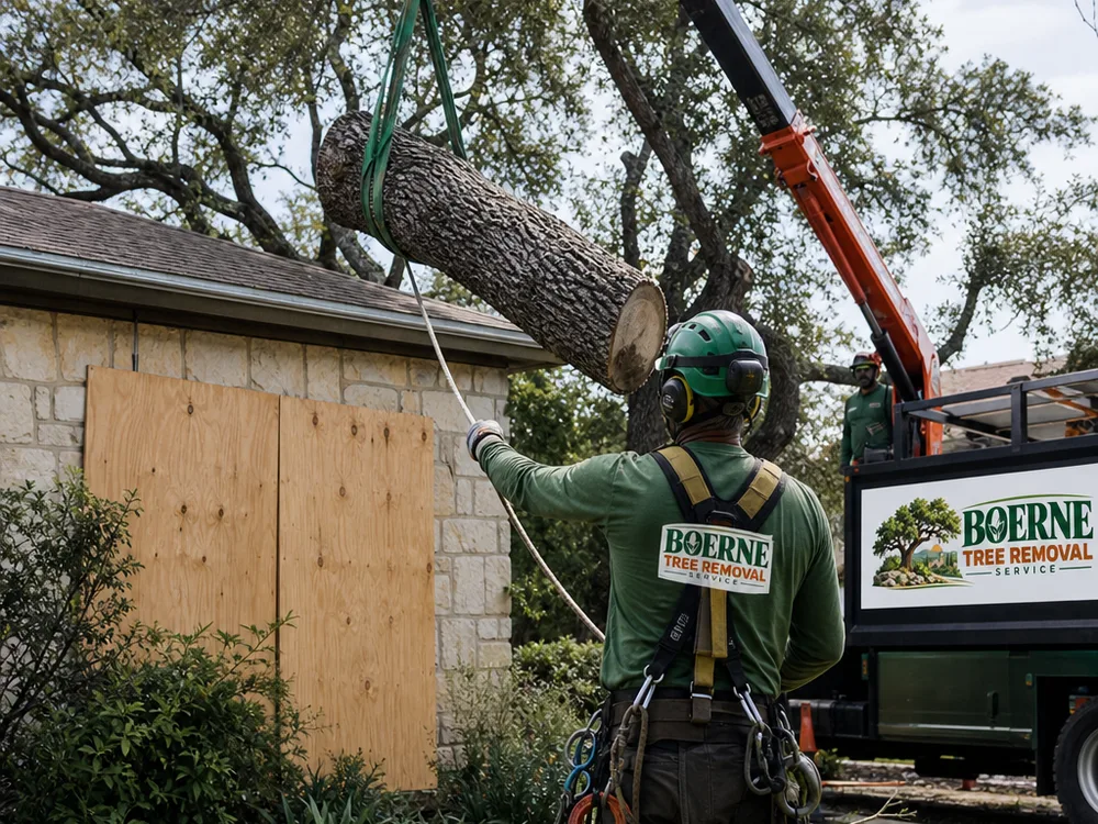 Boom and rigging assistance removing trunk sections from a tree leaning toward a roofline with protective plywood near landscaping