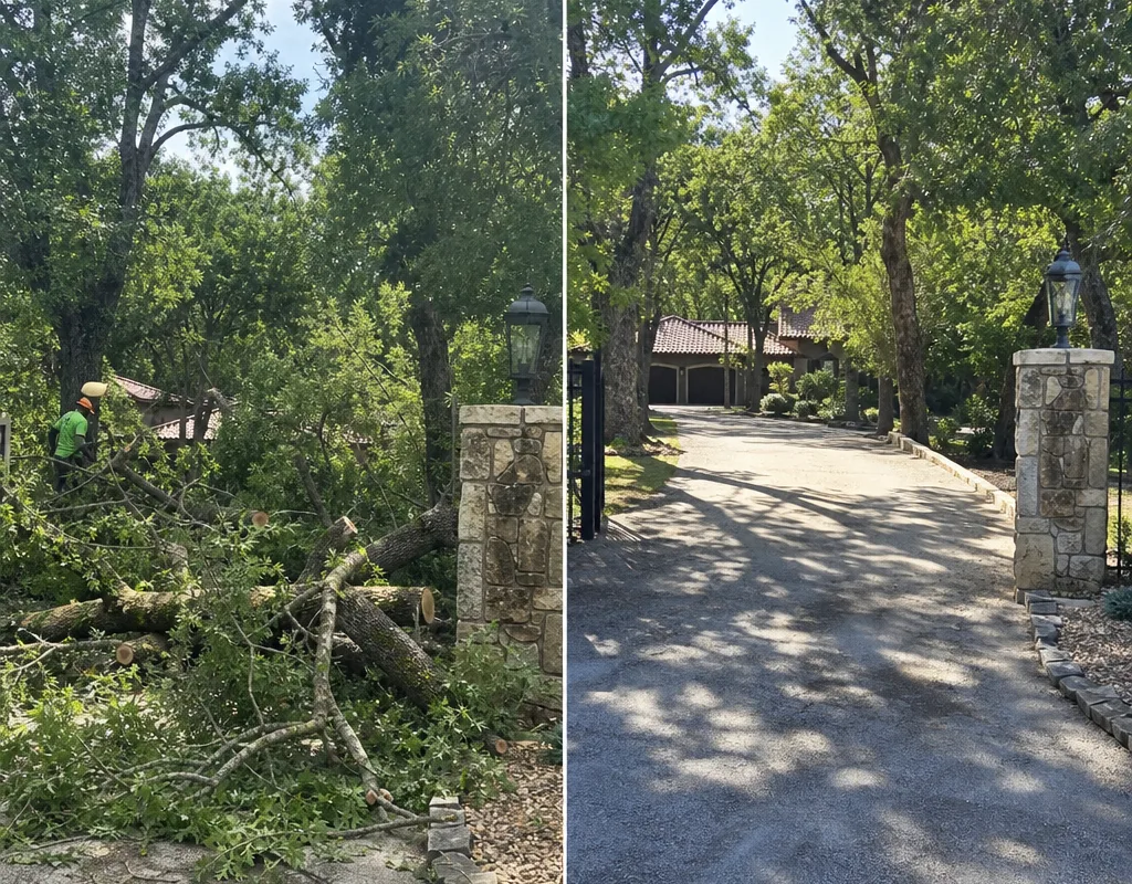 Before-and-after view of a driveway blocked by storm-fallen limbs and then cleared after debris removal