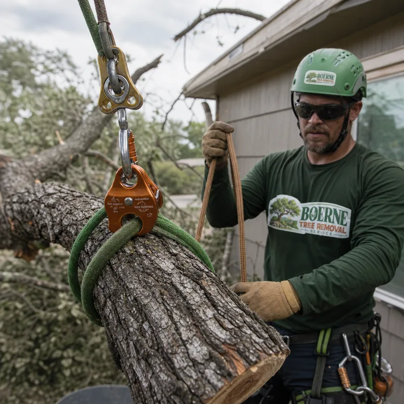 Rigging rope and friction device controlling a lowered storm-damaged limb near a house corner