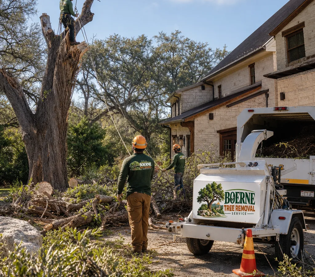 Crew removing a storm-damaged tree at a residential property with rigging, a chipper, and organized downed limbs