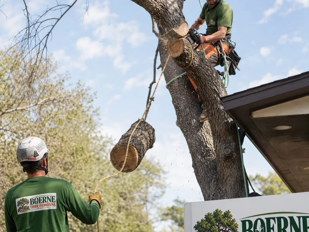 Worker cutting a controlled section from a split trunk while another worker manages the lowering line away from a roof edge