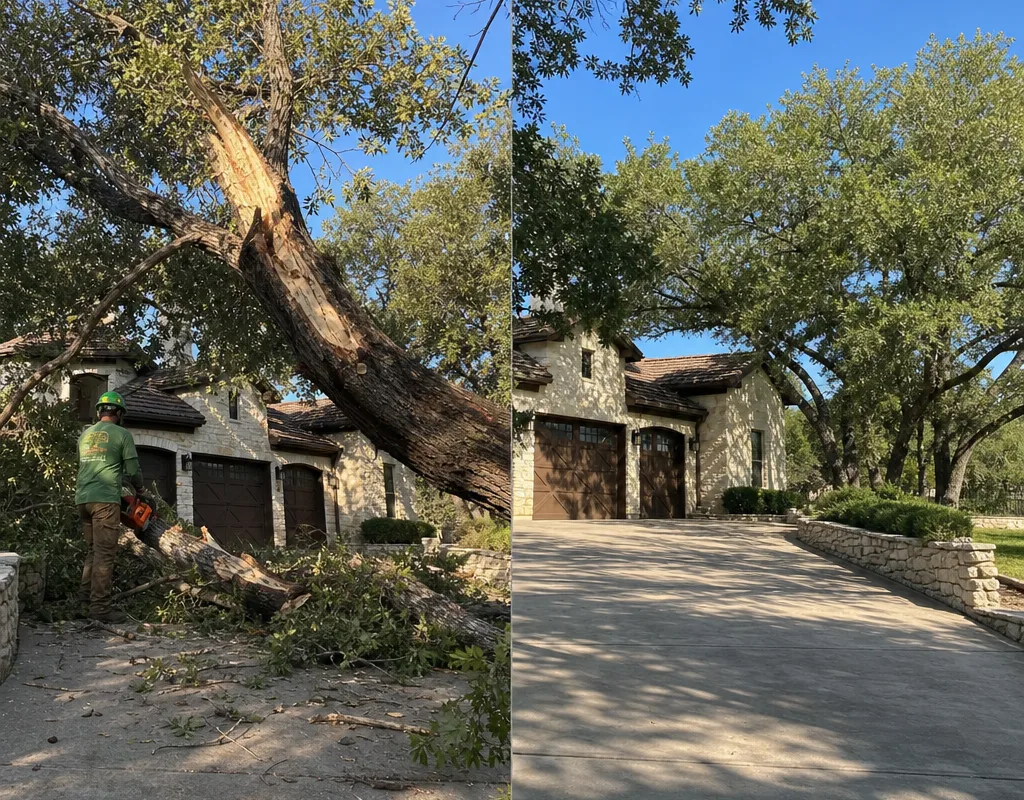 Before and after view of a storm-split tree leaning toward a Boerne driveway and the cleared area after sectional removal