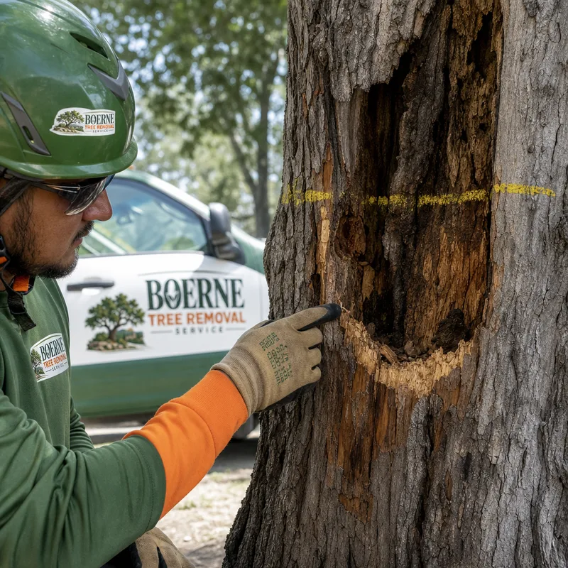 Close-up of a cracked tree trunk with visible decay and a marked cut plan line