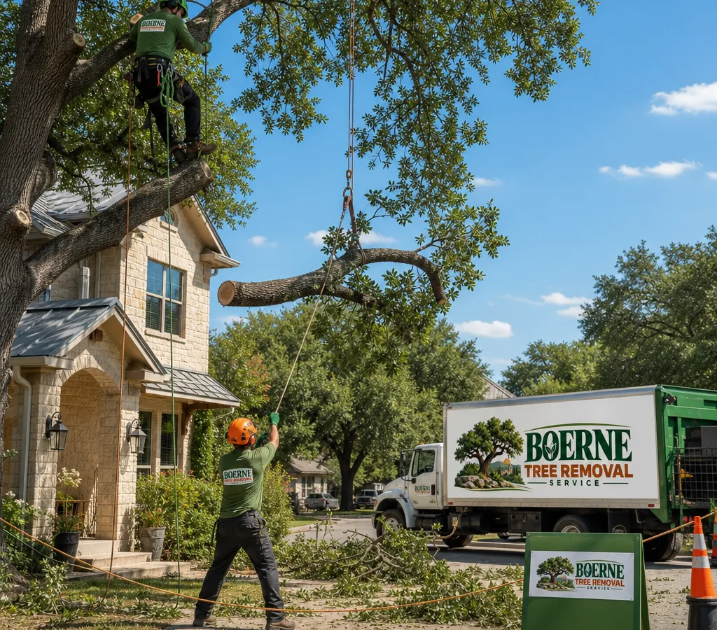 Arborist crew in PPE lowering a large limb with ropes beside a Boerne home with cones and a clearly marked work zone