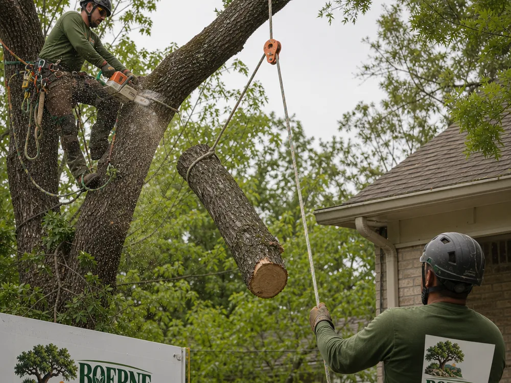 Rigging rope and pulley controlling a cut section of a compromised tree near a house roofline