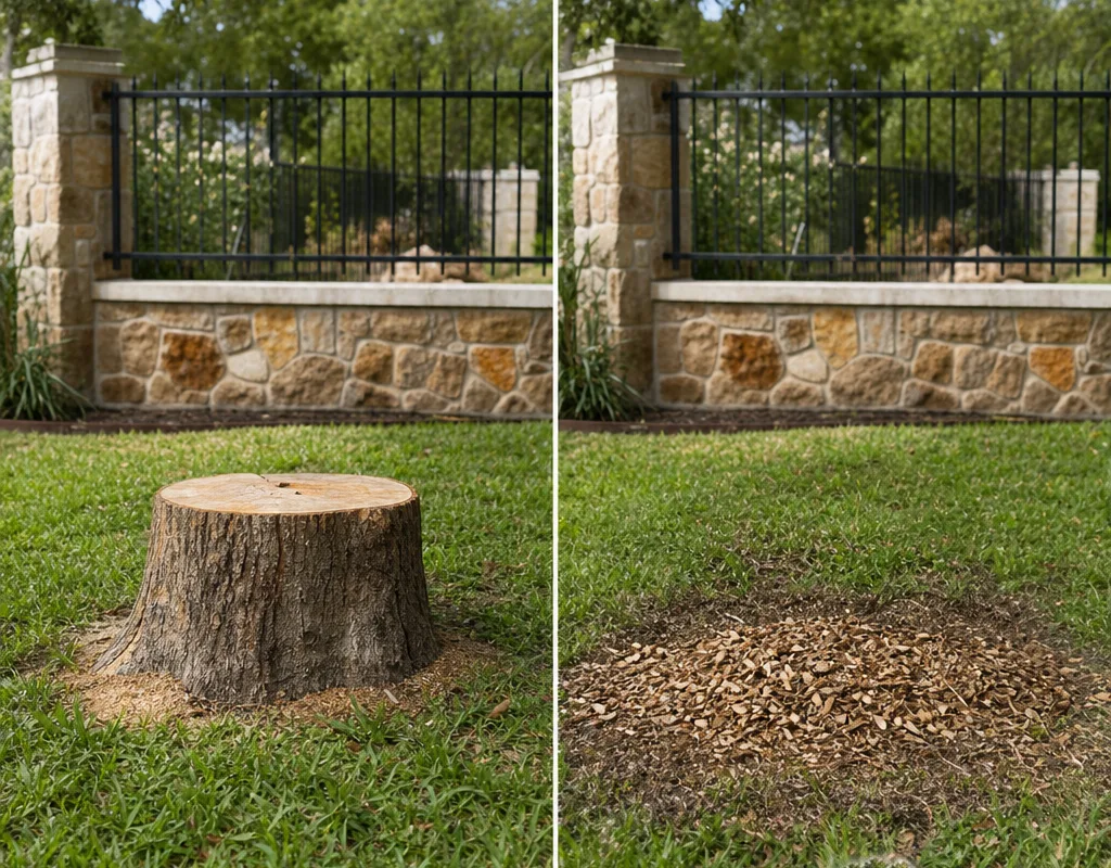 Before-and-after view of a yard area showing a cut stump above the grass and the stump ground below grade with chips raked into a neat pile.