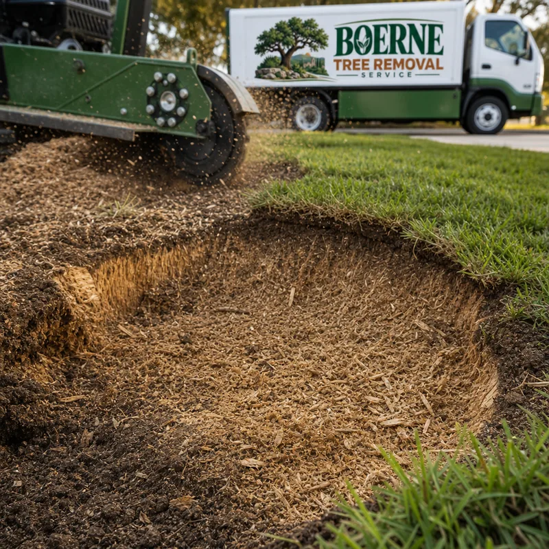 Close-up of a freshly ground stump area showing below-grade grinding and wood chips with the surrounding turf protected and intact.