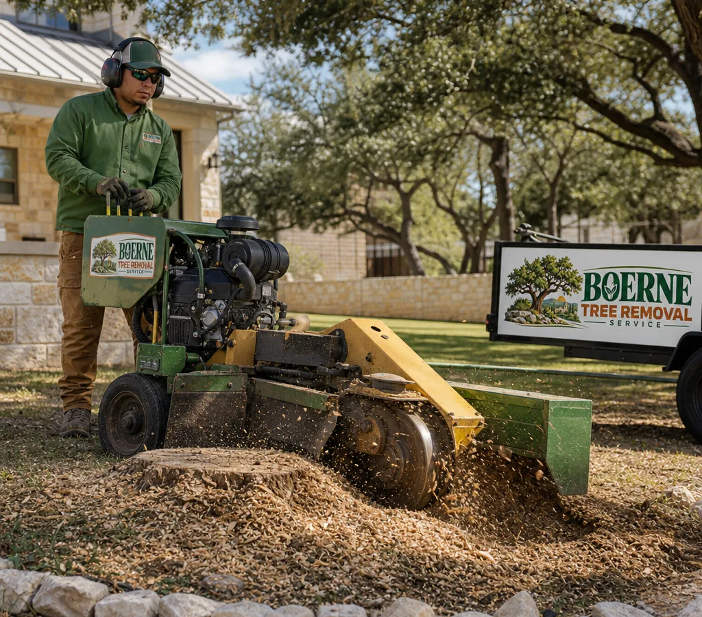 A stump grinder at work in a residential Boerne yard, with the operator controlling the machine and wood chips contained around the stump.