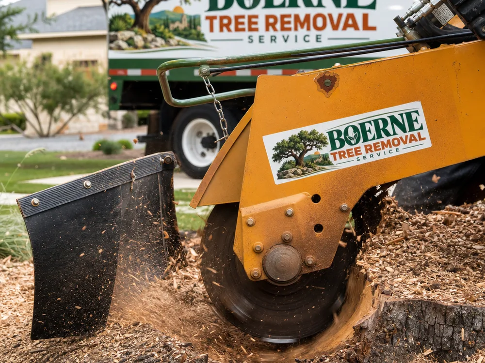 Close-up of a stump grinder wheel cutting into a stump, with protective barriers and controlled chip throw in a landscaped yard.