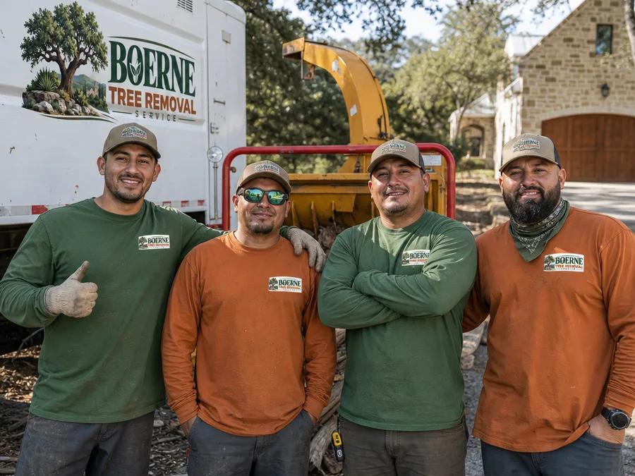 Team members in work gear beside a chipper and truck at a tidy completed jobsite
